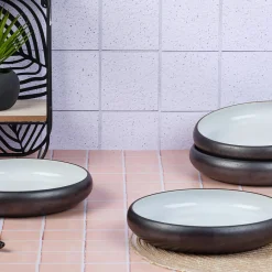 4 Assiettes creuses en Grès Gorumet blanc granité/noir onyx - D.21,5 cm