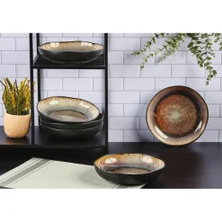 6 Assiettes creuses en Grès Iris beige/marron - D.22.5 cm