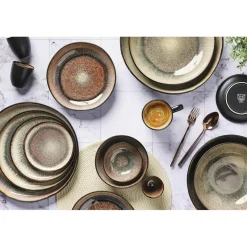 6 Assiettes creuses en Grès Iris beige/marron - D.22.5 cm