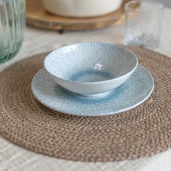 6 Assiettes CreusesAqua 21Cm En PorcelaineBlanc Et Bleu