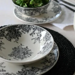 6 Assiettes CreusesFlorali 20.5Cm En GrèsDécor Noir