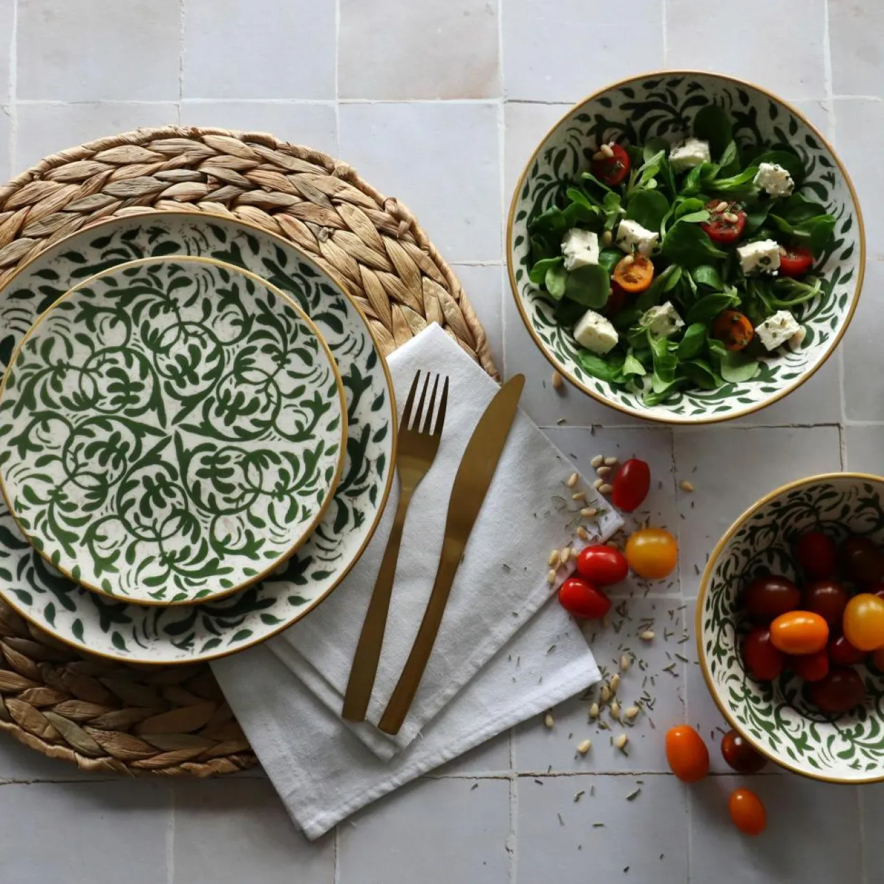 6 Assiettes CreusesHéraclée 20Cm En GrèsDécor Vert