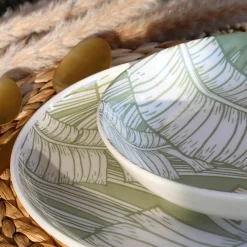 6 Assiettes CreusesLeaves 20.5CmEn Grès Vert