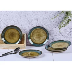 6 Assiettes en Grès Island kaki/bleu - D.20.5 cm
