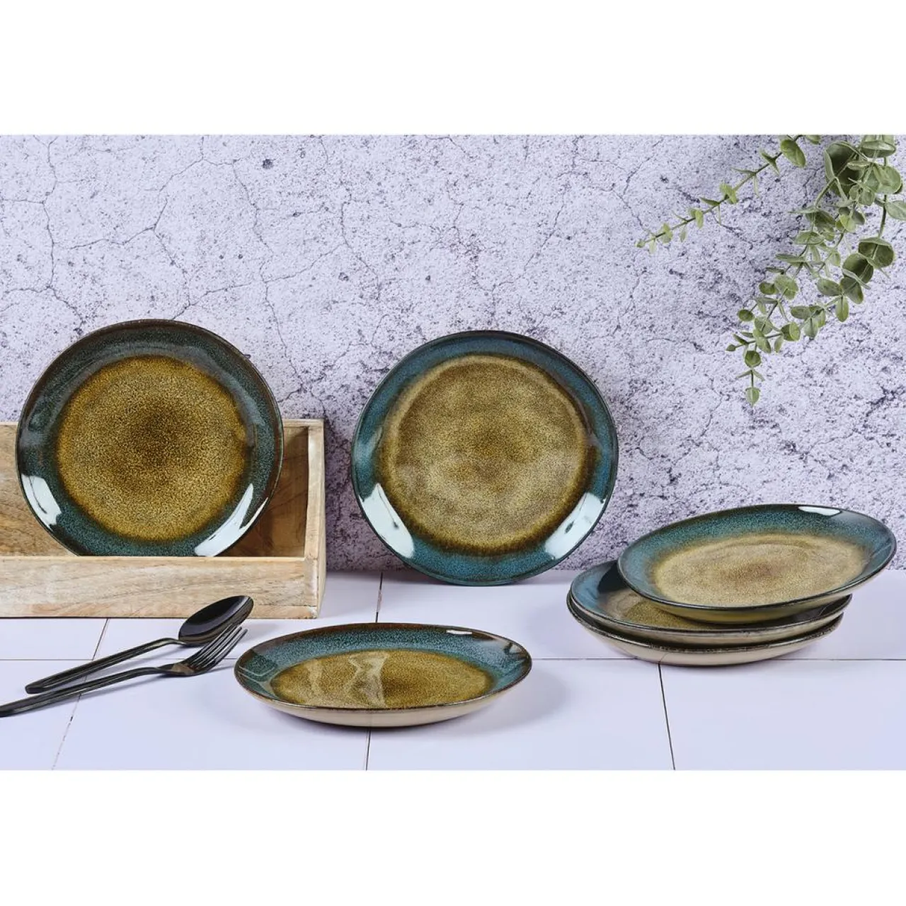 6 Assiettes en Grès Island kaki/bleu - D.20.5 cm