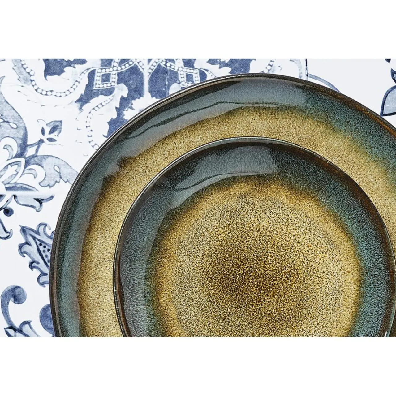 6 Assiettes en Grès Island kaki/bleu - D.20.5 cm