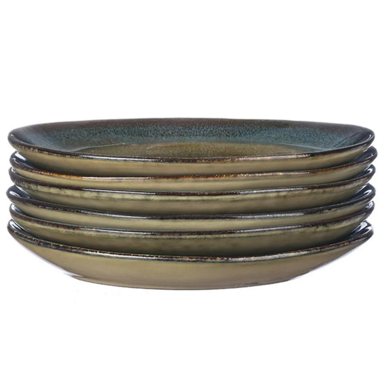6 Assiettes en Grès Island kaki/bleu - D.20.5 cm
