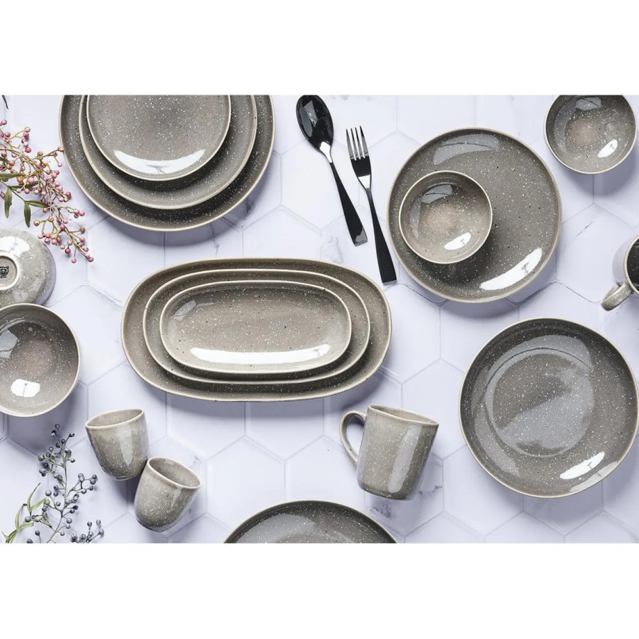 6 Assiettes en Grès Stellar gris/anthracite - D.18 cm