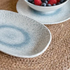 6 Assiettes OvalesAqua 19X10.5Cm EnPorcelaine Blanc Et Bleu