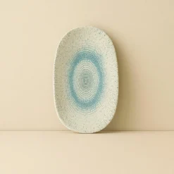 6 Assiettes OvalesAqua 19X10.5Cm EnPorcelaine Blanc Et Bleu