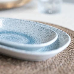 6 Assiettes OvalesAqua 23.5X13.5Cm EnPorcelaine Blanc Et Bleu