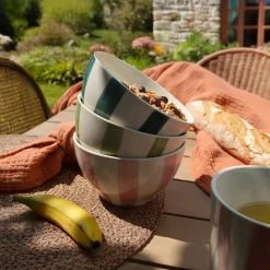 6 Bols Arlequin 70ClEn Grès Blanc RayuresCouleurs Assorties