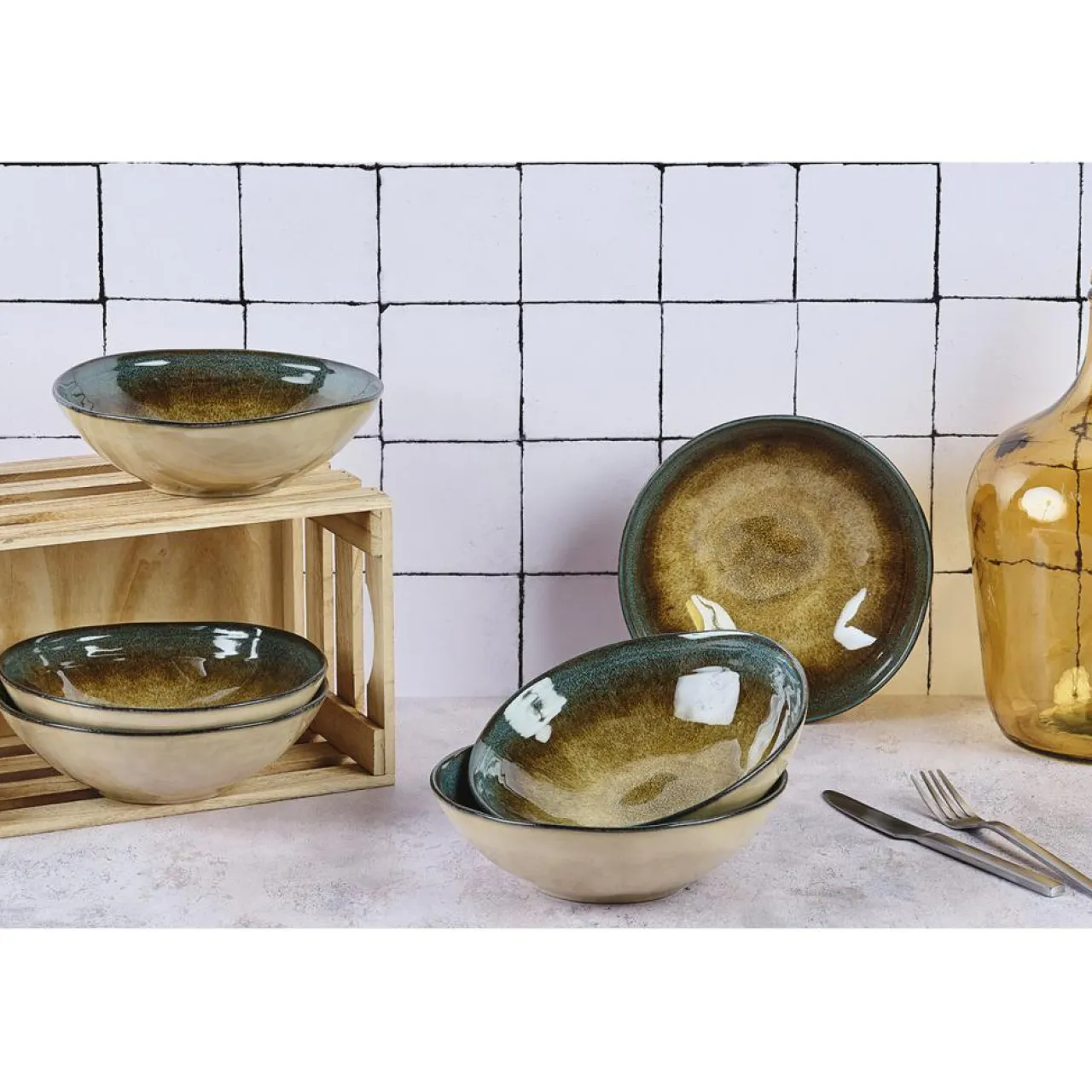 6 Bols en Grès Island kaki/bleu - 100 cl