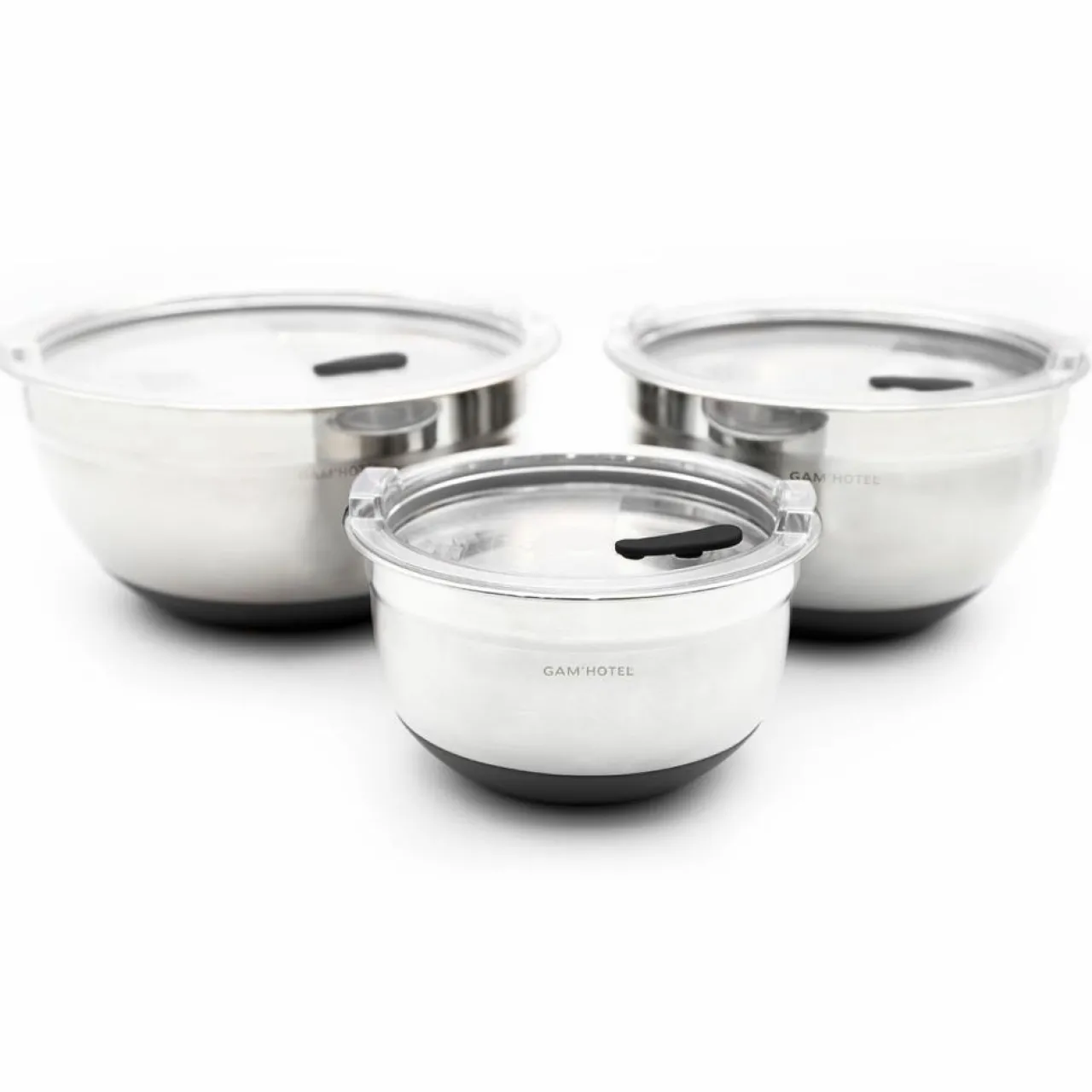 3 Bols inox avec couvercle hermétique inox/noirs