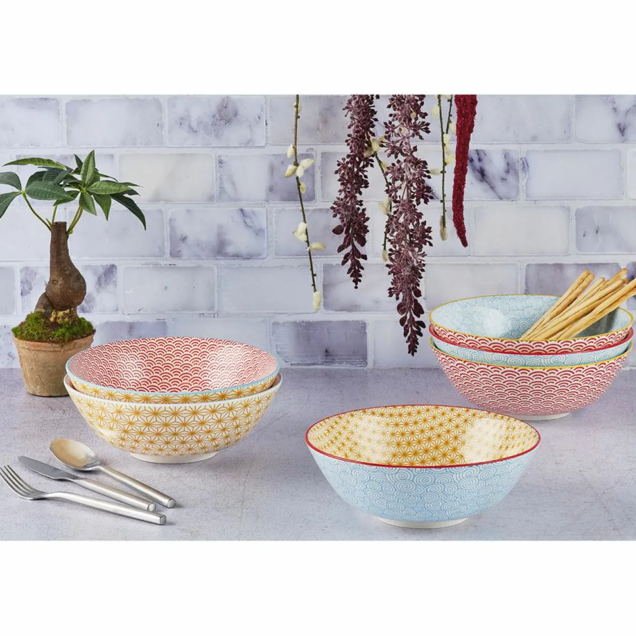 6 Bols Pattern Color bleu clair/rouge/jaune - D.21 cm