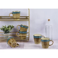6 Mugs en Grès Island kaki/bleu - 40 cl