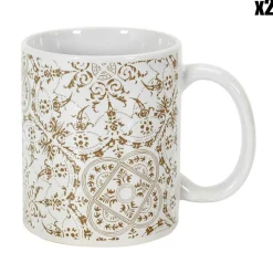 2 Mugs motif faïence blanc/taupe - 12.5x9.2x8 cm