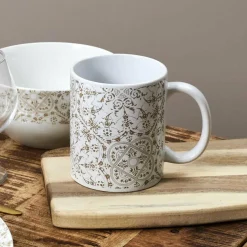 2 Mugs motif faïence blanc/taupe - 12.5x9.2x8 cm