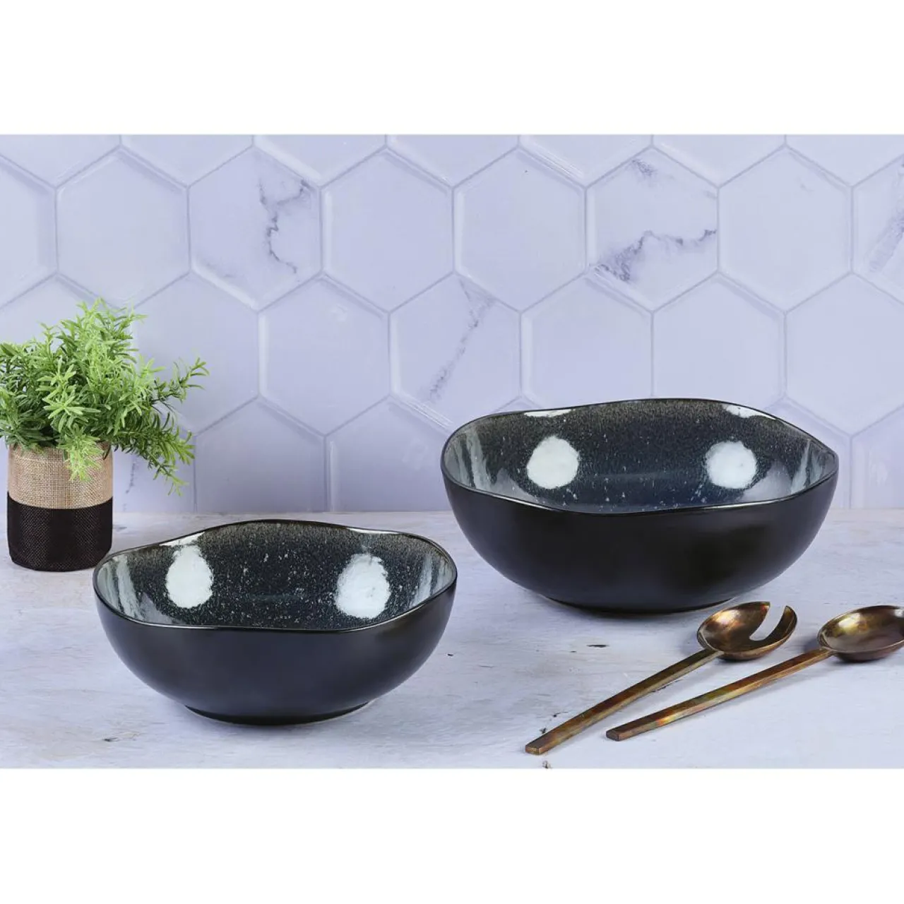 2 Saladiers en Grès Iris bleu foncé - 24x8.5/28.5x10 cm