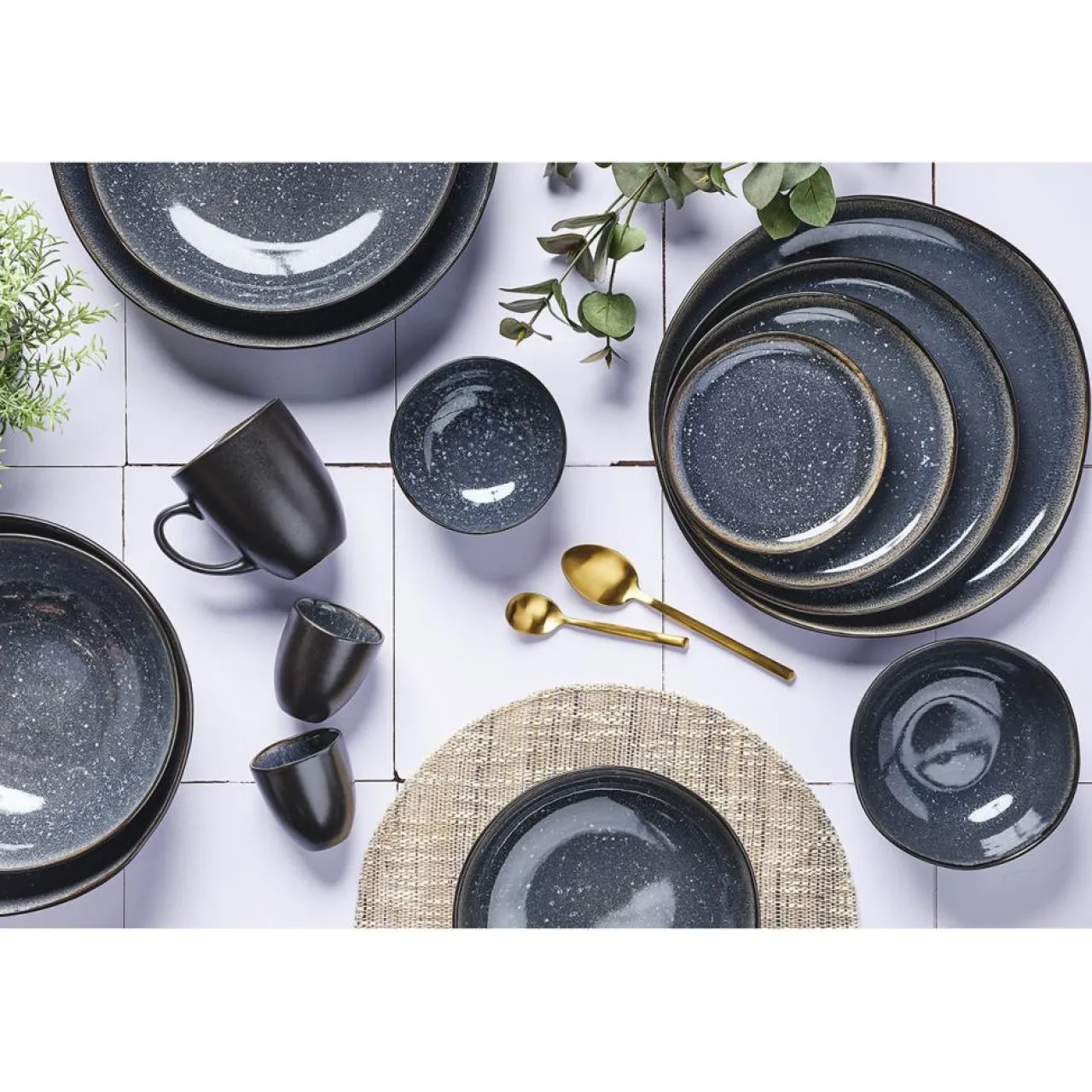 2 Saladiers en Grès Iris bleu foncé - 24x8.5/28.5x10 cm