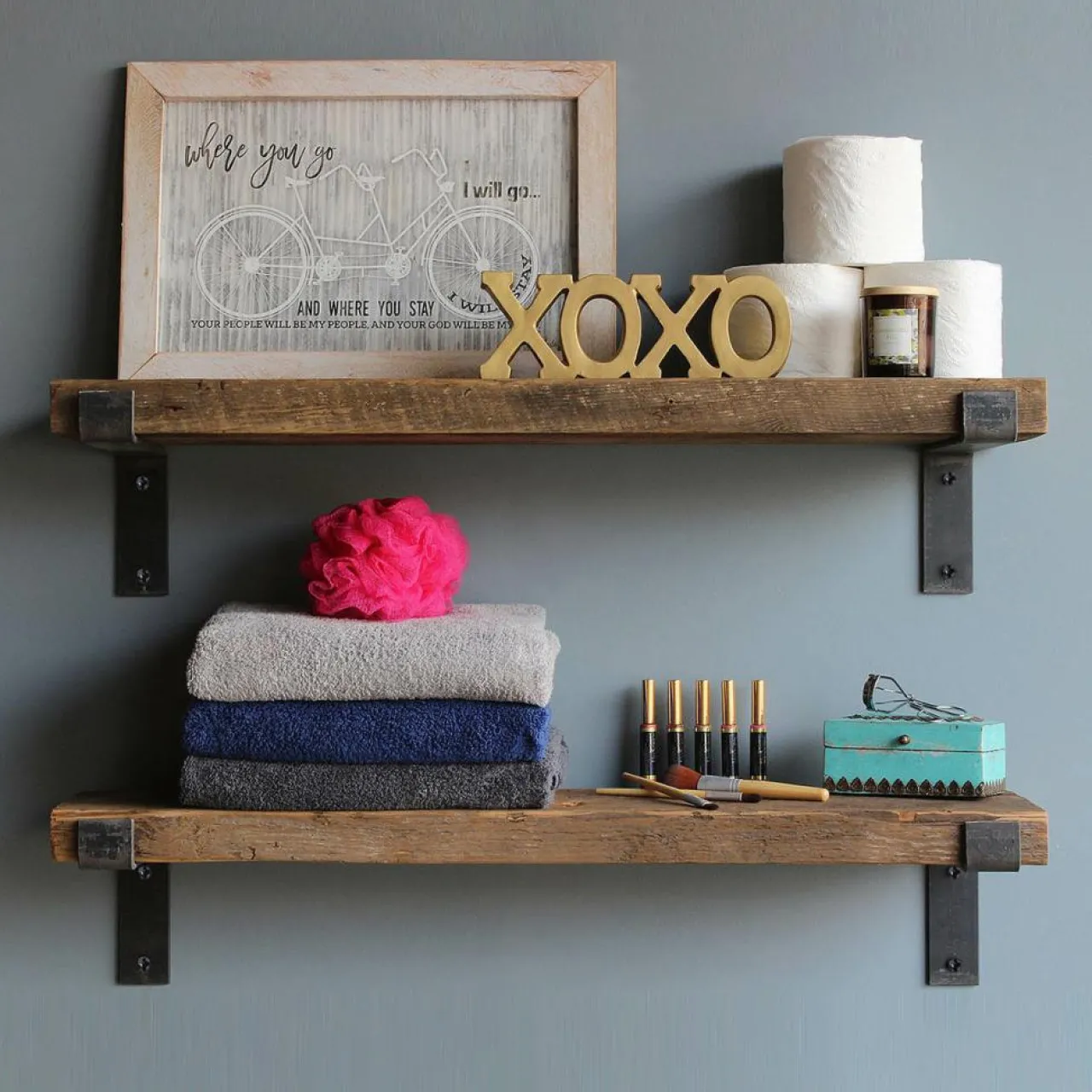 2 Étagères murales noyer noires - 60x16x14 cm