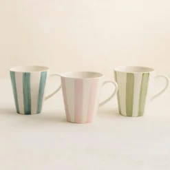 6 Tasse Arlequin 20ClEn Grès Blanc RayuresCouleurs Assorties