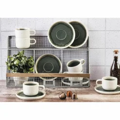 6 Tasses avec soucoupe Oxygen gris/vert bouteille/beige - 20 cl