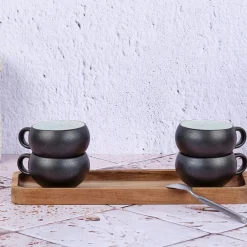 4 Tasses en Grès Gourmet blanc granité/noir onyx - 12 cL