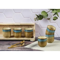 6 Tasses en Grès Island kaki/bleu - 15 cl