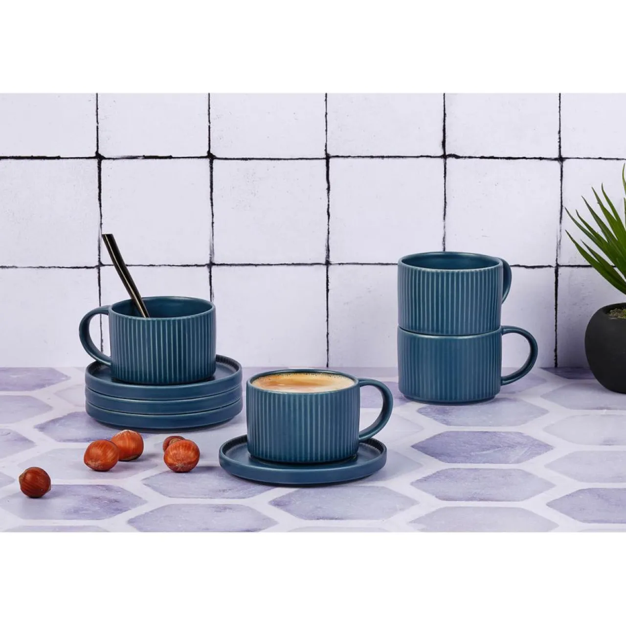 8 Tasses Scandi Et Soucoupe bleu marine - 15 cl