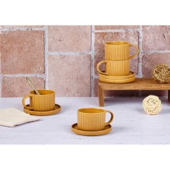 8 Tasses Scandi Et Soucoupe jaune ocre - 15 cl