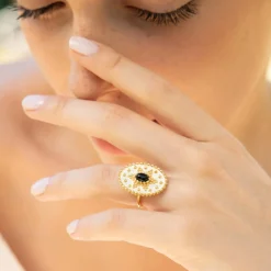 Bague ajustable Western Onyx en laiton doré