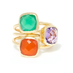 Bague Elsa Onyx verte, Cornaline & Améthyste en laiton doré