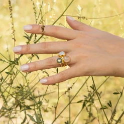 Bague Elsa Quartz, Labradorite et Cristal en laiton doré