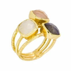 Bague Elsa Quartz, Labradorite et Cristal en laiton doré