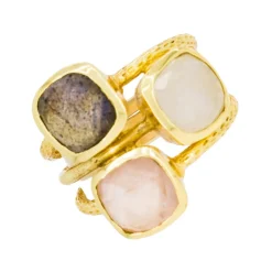 Bague Elsa Quartz, Labradorite et Cristal en laiton doré