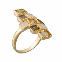 Bague Maya Labradorite grise & Pierre de lune en laiton doré