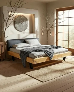 Bakara - Lit poutre en bois massif d'épicéa et métal noir 160 CM