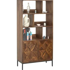 Bibliothèque 2 portes 6 niches manguier kama marron - 90x40x180 cm