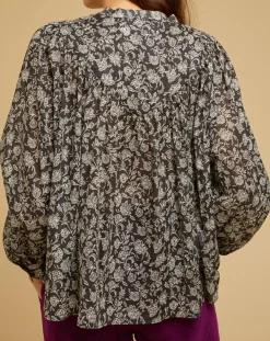Blouse ample Alba en Voile de Coton imprimée noire