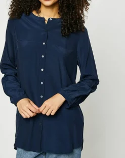 Blouse col mao boutons bleu marine