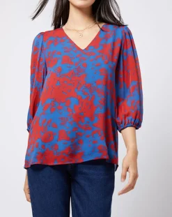 Blouse en voile imprimé fendue au dos rouge/bleu