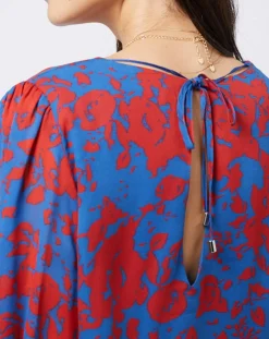 Blouse en voile imprimé fendue au dos rouge/bleu