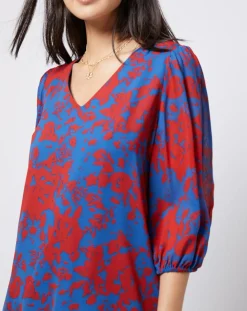 Blouse en voile imprimé fendue au dos rouge/bleu
