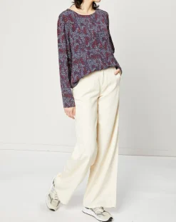 Blouse fluide à manches bouffantes motifs prune/bleu