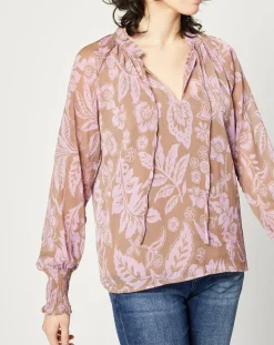 Blouse fluide à manches longues à Fleurs taupe/rose