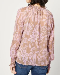 Blouse fluide à manches longues à Fleurs taupe/rose