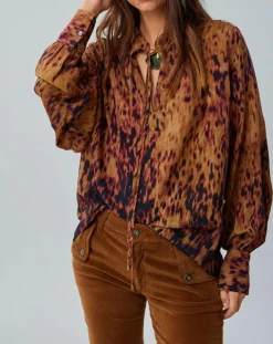 Blouse satinée Elsa imprimée santal marron