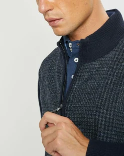 Blouson 100% Laine Tricot imprimé Prince de Galles bleu marine