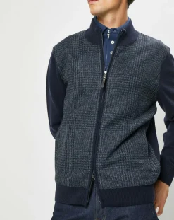 Blouson 100% Laine Tricot imprimé Prince de Galles bleu marine